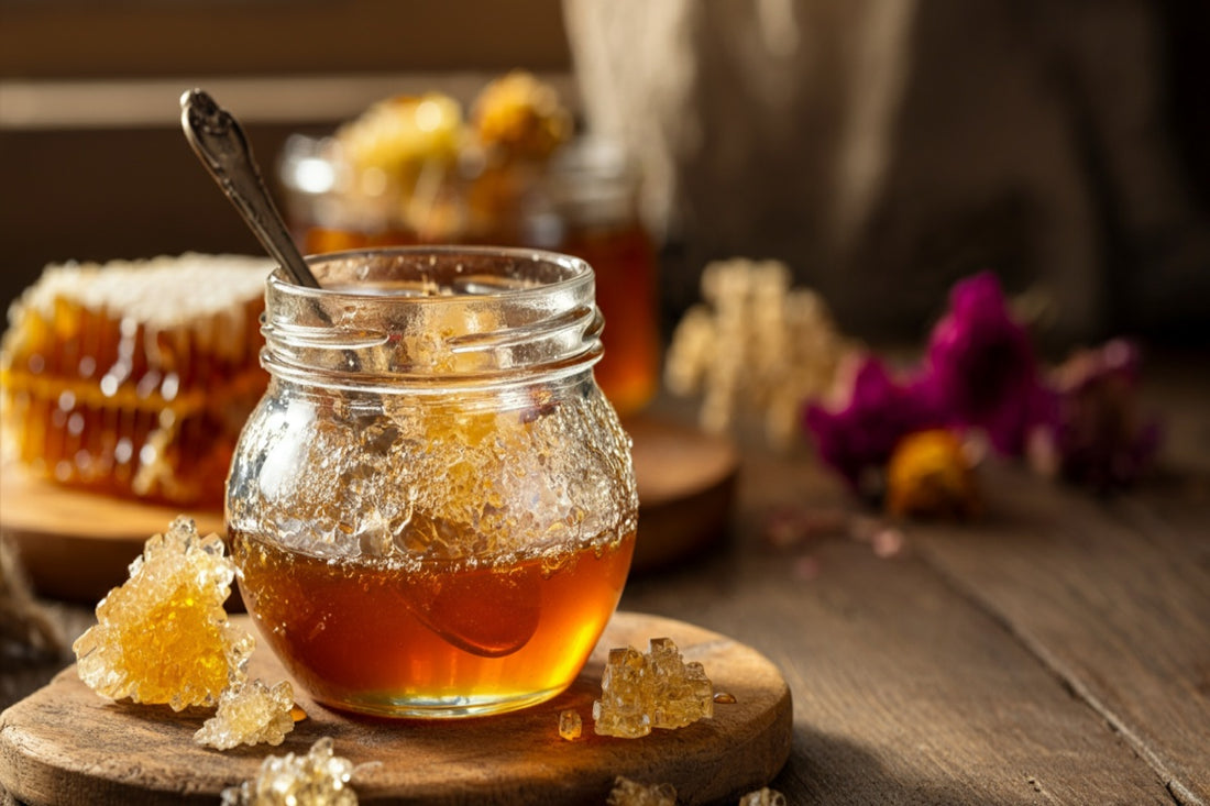 Beautiful crystallized honey in a glass jar showing golden sugar crystals