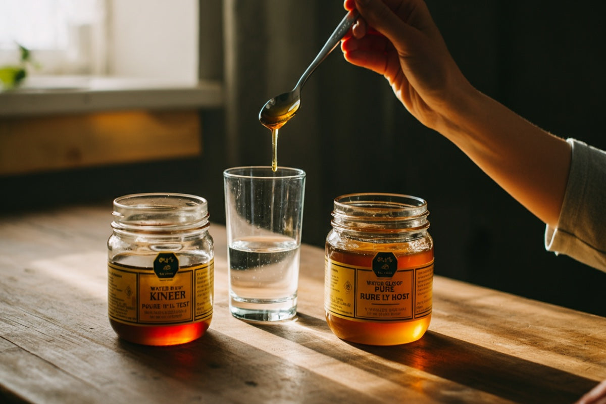 Testing real vs fake honey - water glass test with two honey jars