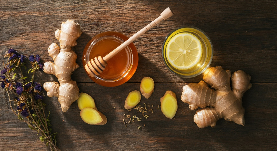 Natural honey remedies for digestive wellness - golden honey jar with wooden dipper and healing herbs