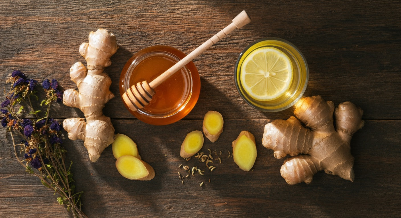 Natural honey remedies for digestive wellness - golden honey jar with wooden dipper and healing herbs