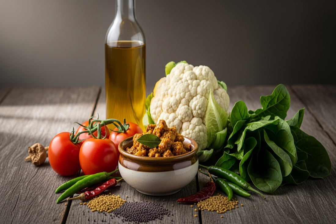 Traditional mustard-oil pickle with fresh vegetables and spices