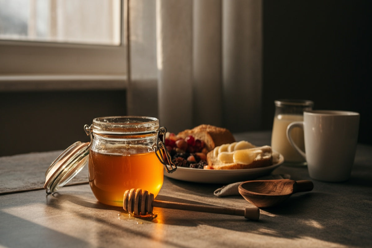 Morning routine with honey - golden sunlight breakfast scene