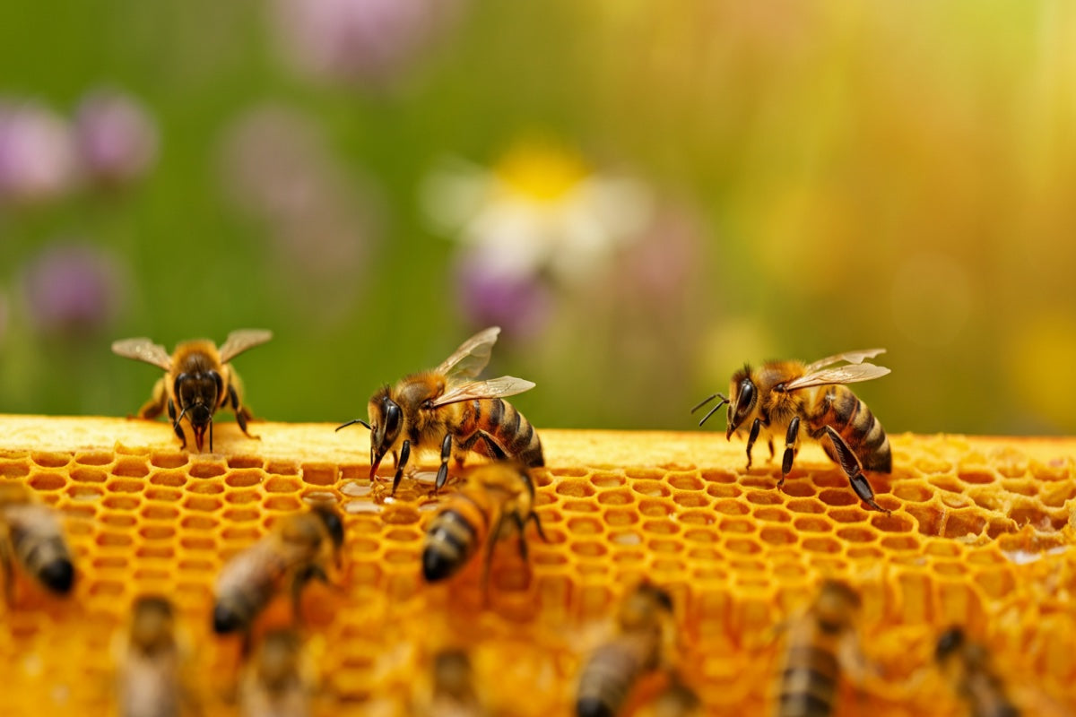 How bees make honey - honeybees working on golden honeycomb