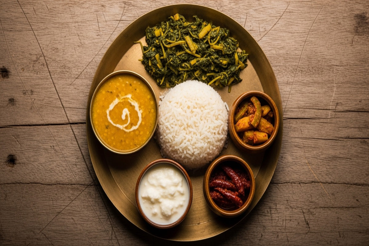 A Pahadi thali of dal, rice, vegetable and pickles