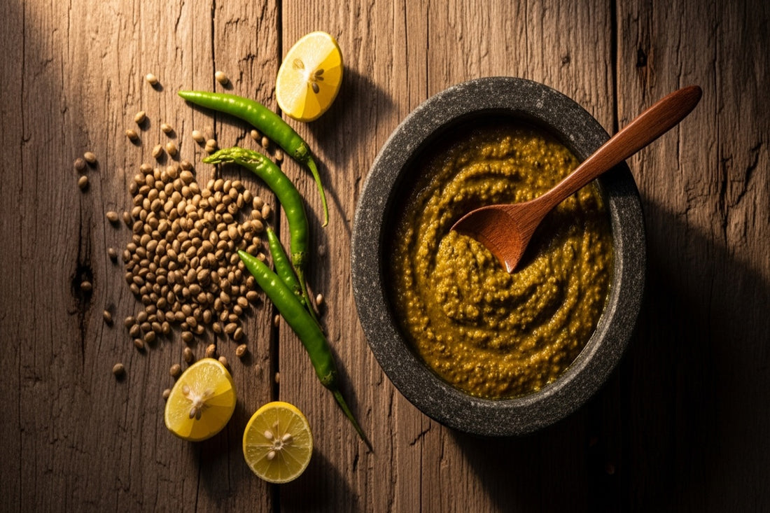 Bowl of fresh bhang ki chutney with hemp seeds, chilli and lemon