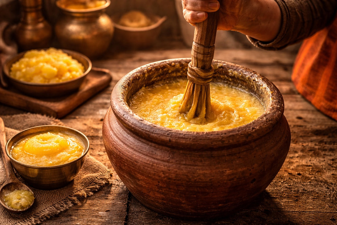 Traditional bilona ghee being hand-churned in a rustic Indian kitchen