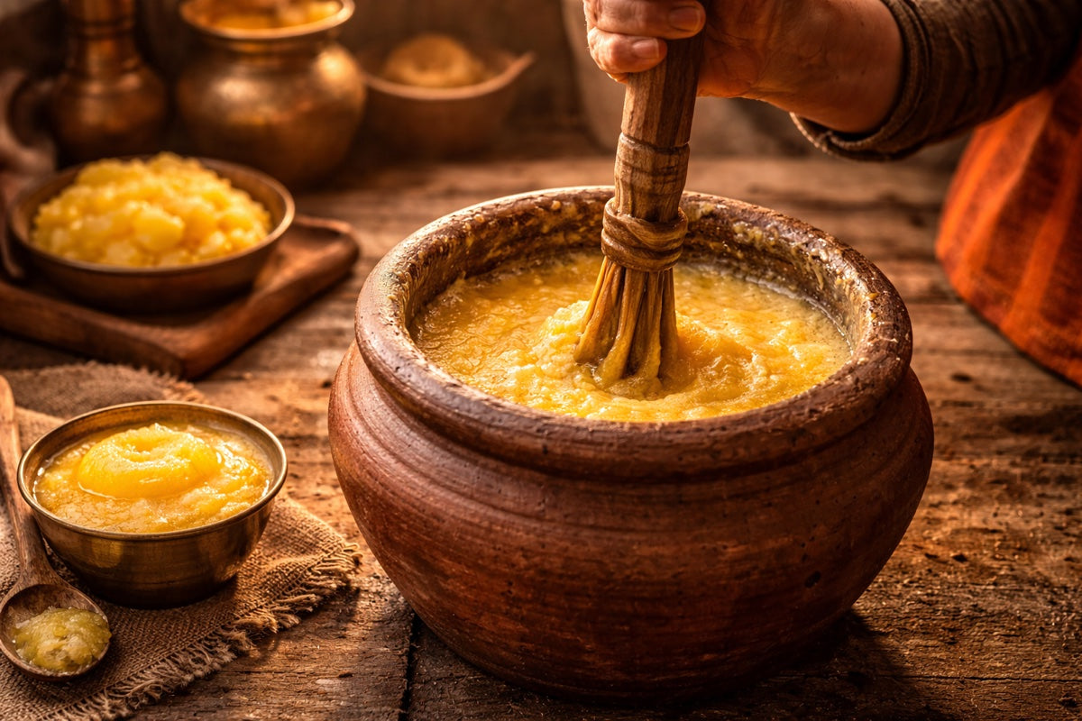 Traditional bilona ghee being hand-churned in a rustic Indian kitchen