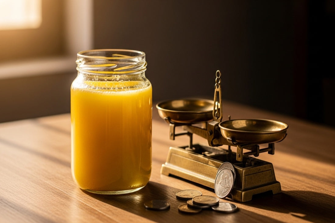 A jar of premium Bilona ghee beside a small weighing scale, illustrating its value