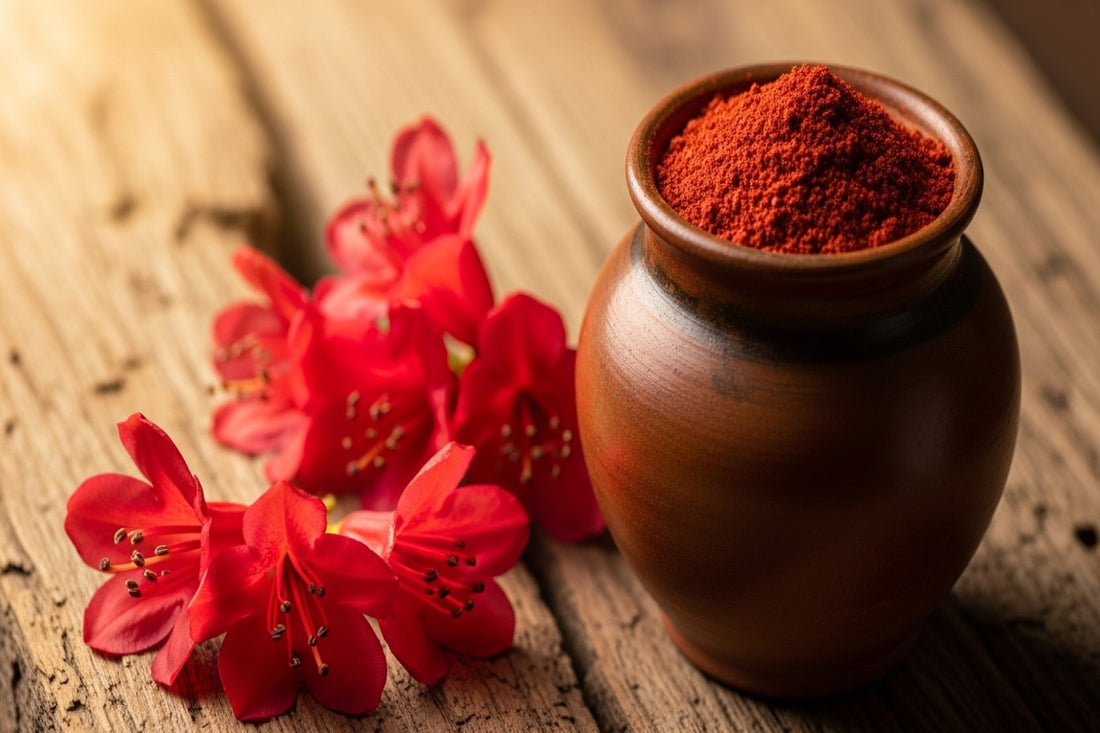 A jar of buransh rhododendron seasoning with fresh red flowers