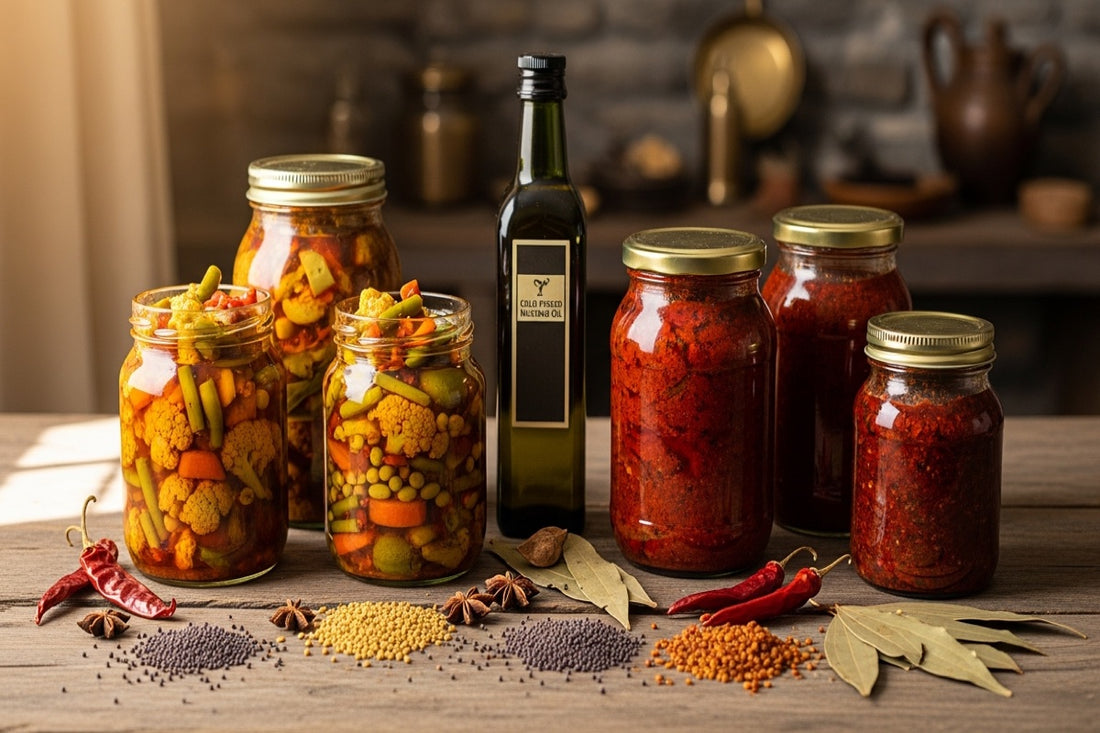 Jars of authentic Pahadi achar with cold-pressed mustard oil and spices