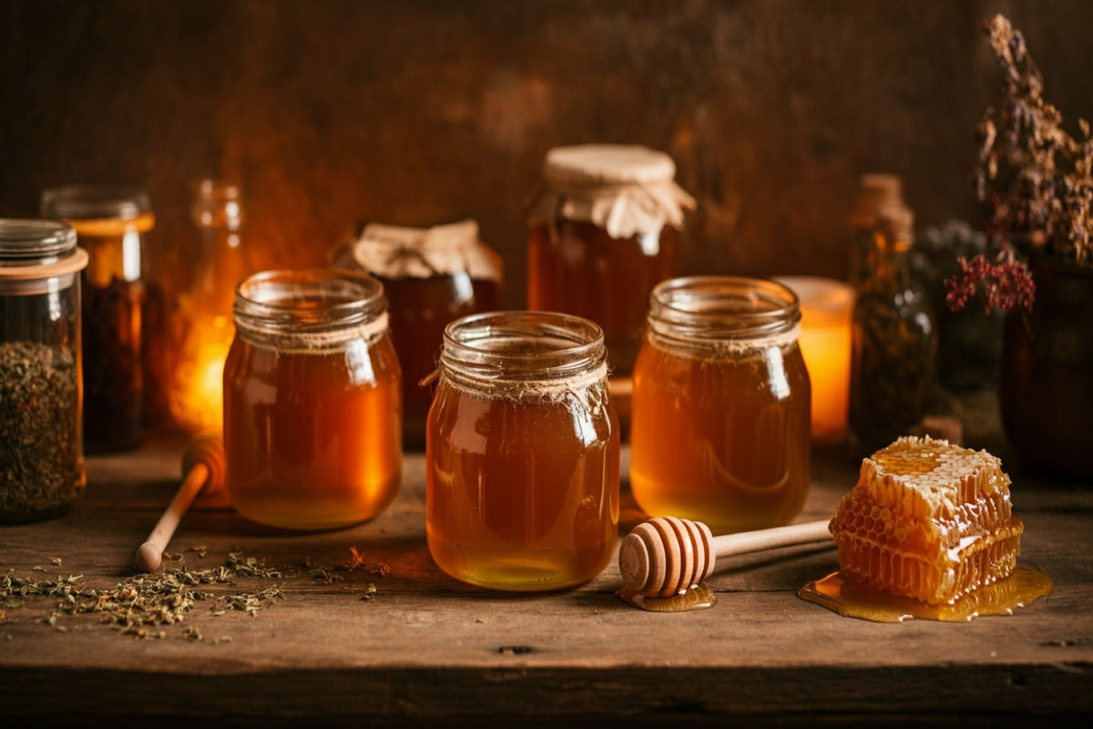 Golden honey jars on a rustic pantry shelf - honey storage guide