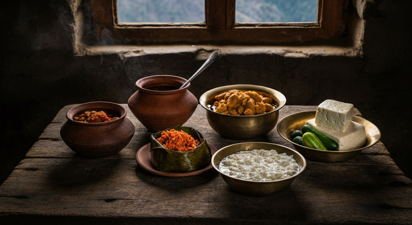 Traditional Himalayan fermented foods arranged on a rustic wooden table