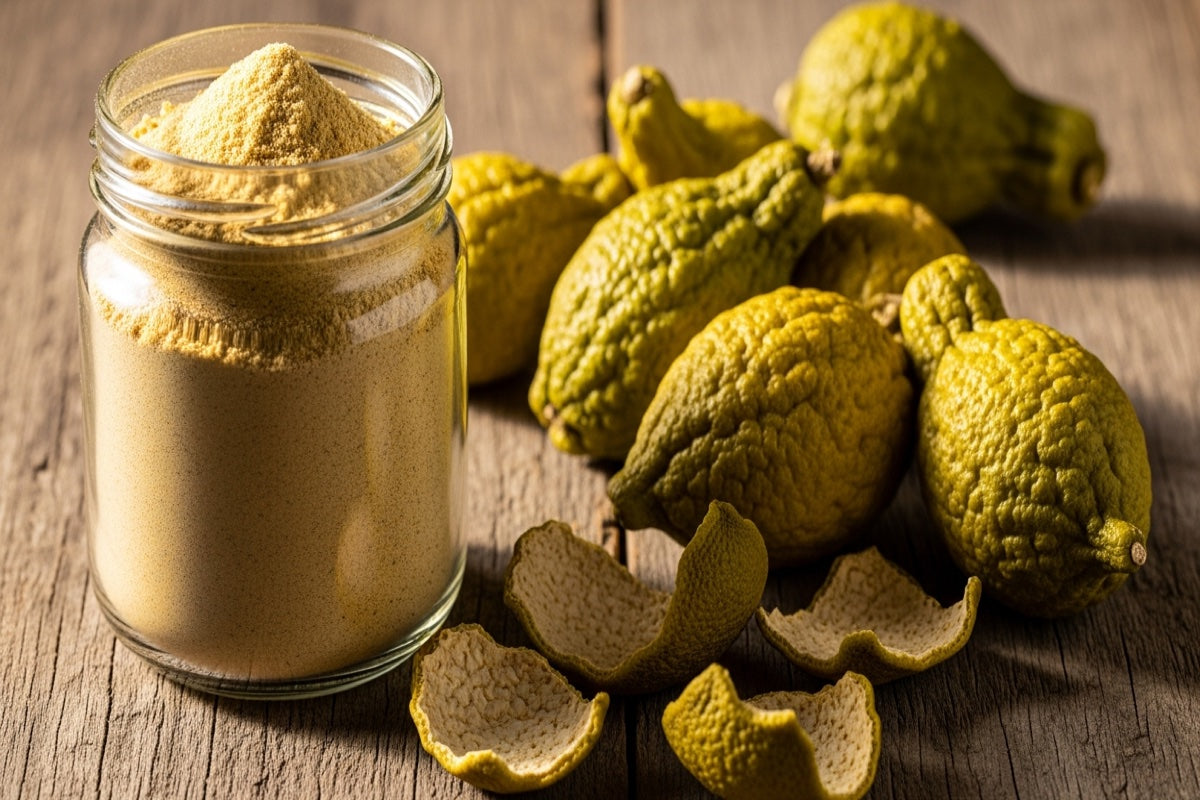 A jar of galgal Himalayan lemon seasoning with whole galgal fruit