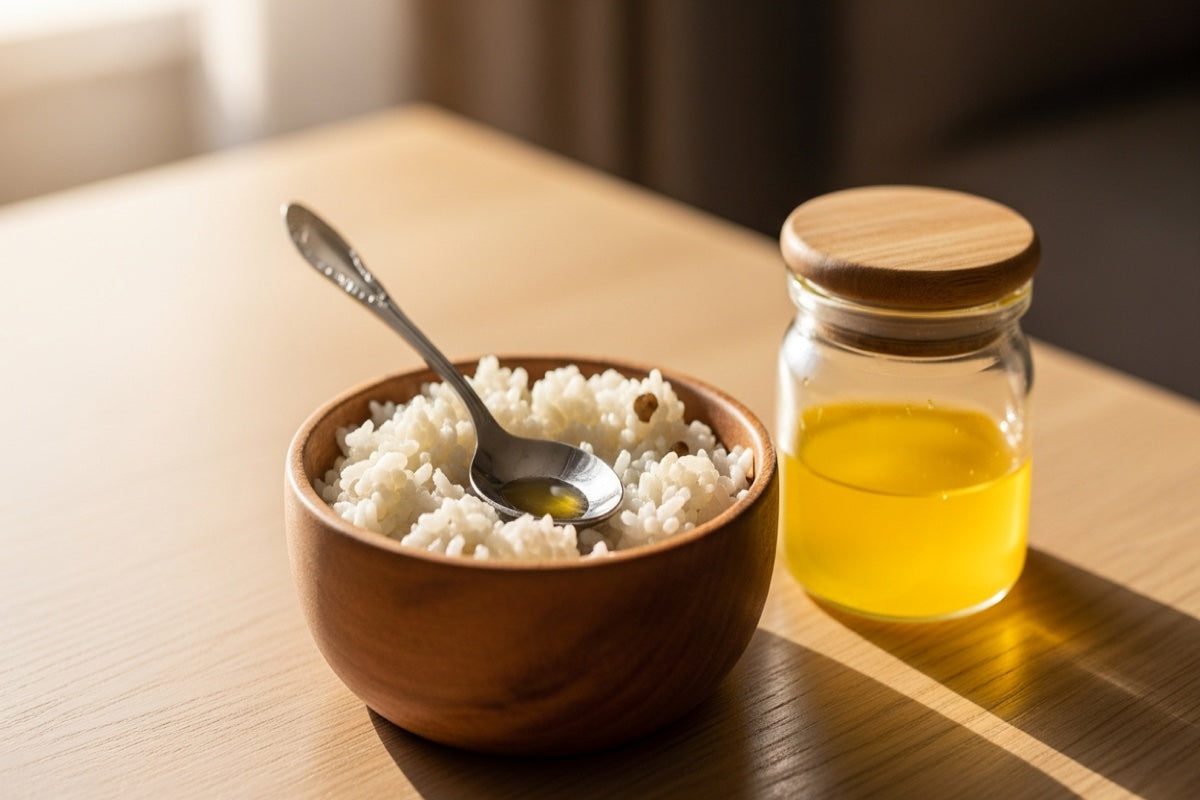 A bowl of baby khichdi with a little jar of ghee, warm and homely