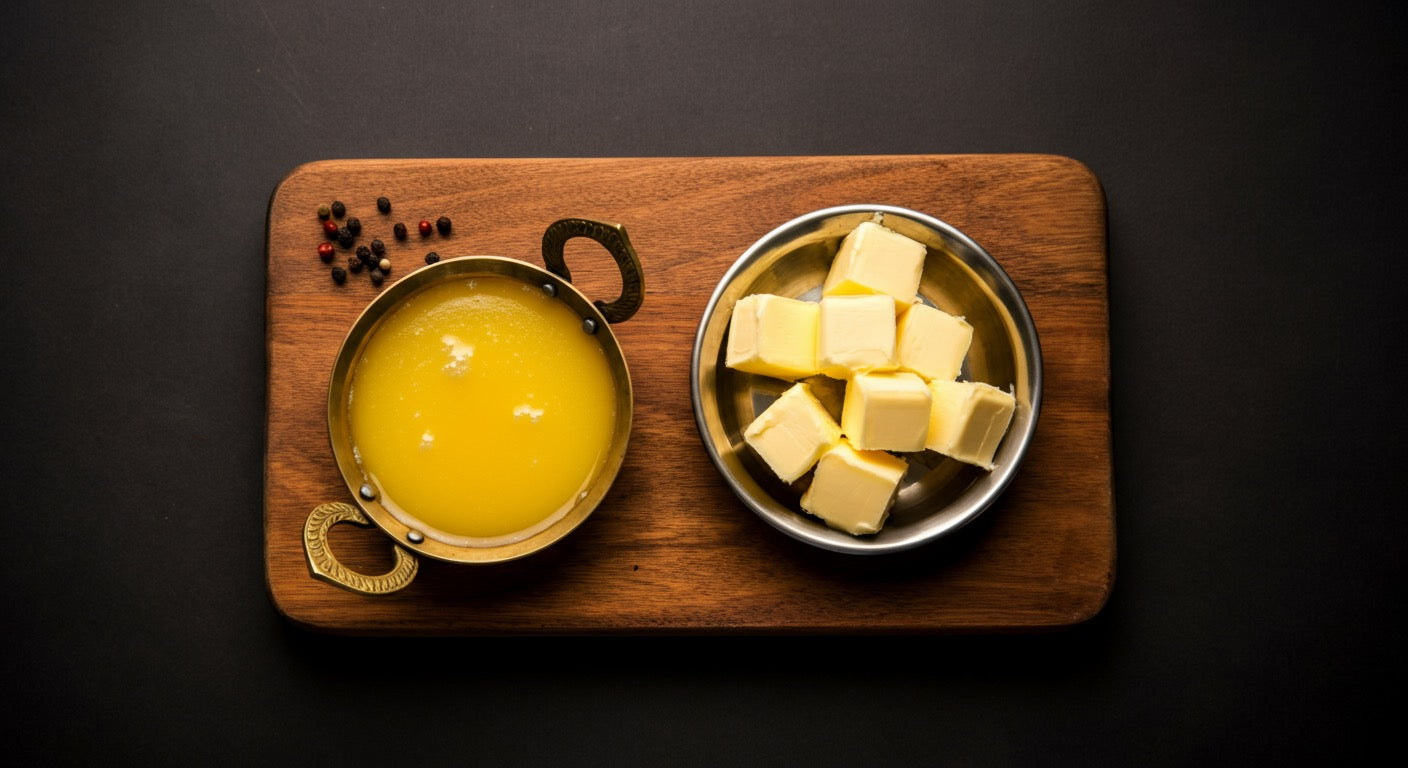 Ghee vs Butter - golden ghee in traditional brass bowl compared with butter on wooden board