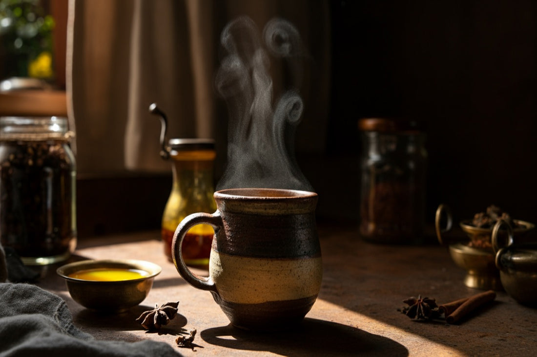 Steaming ghee bulletproof coffee in handcrafted ceramic cup