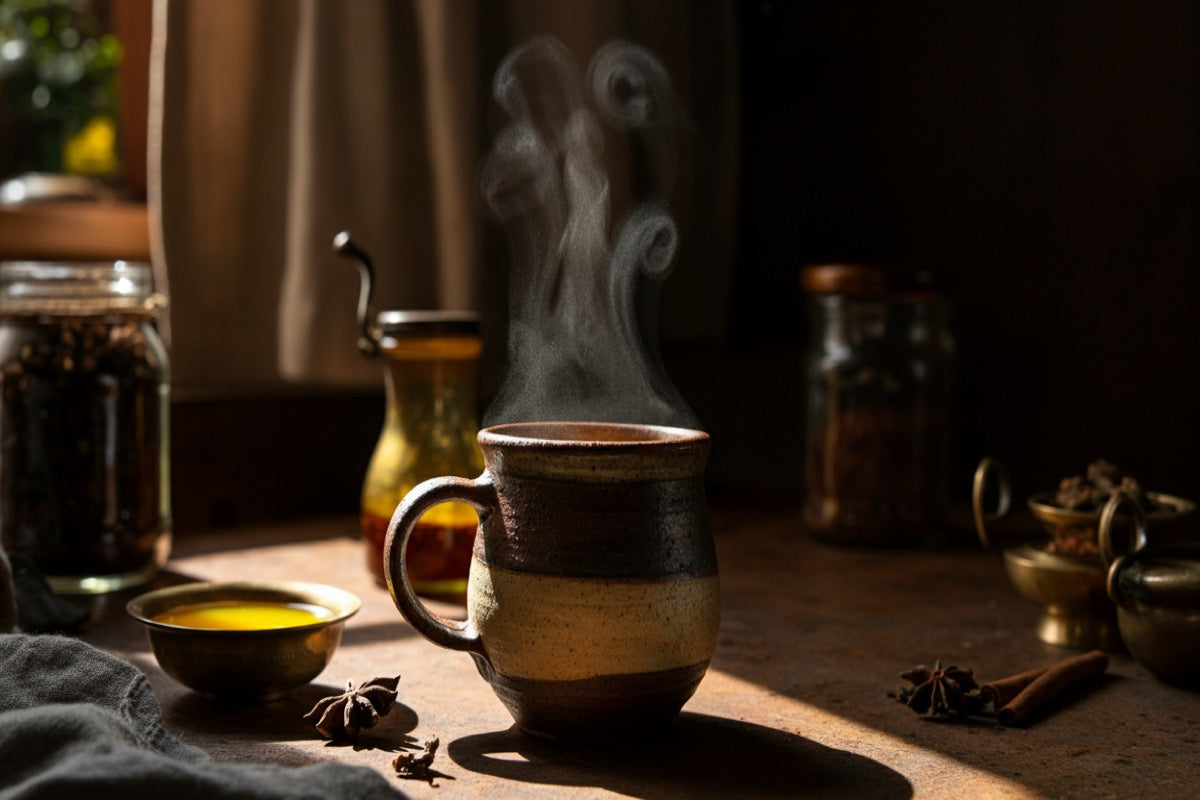 Steaming ghee bulletproof coffee in handcrafted ceramic cup