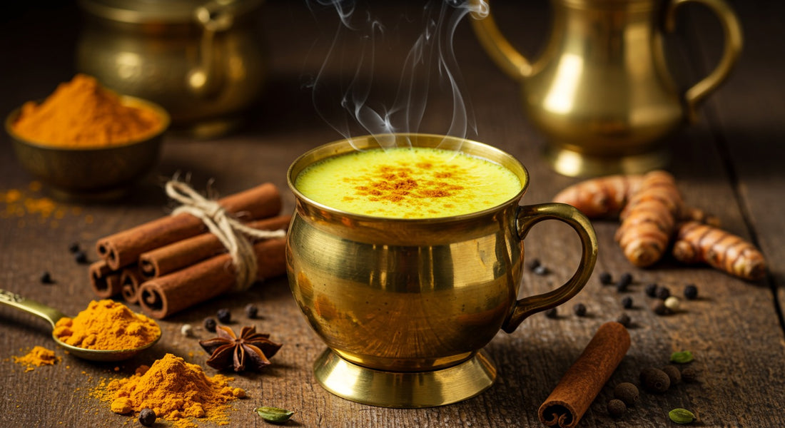 Golden milk haldi doodh in a traditional brass cup with turmeric and spices