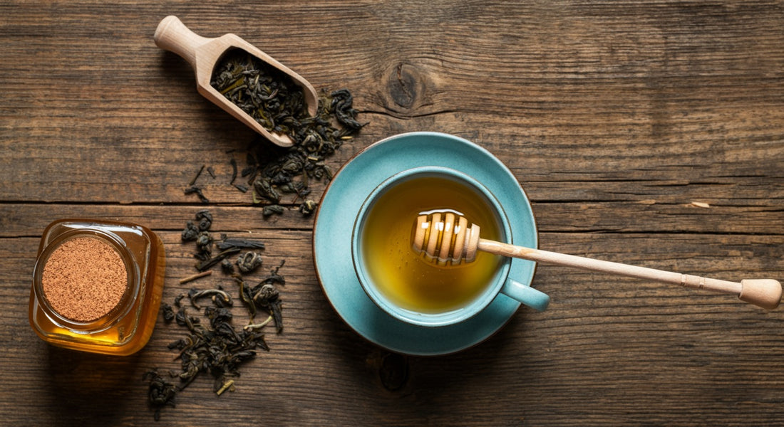 Golden honey being drizzled into a cup of green tea