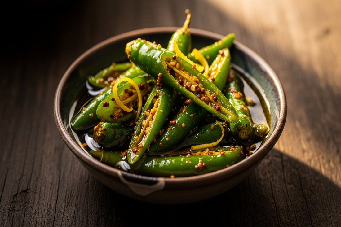 Bowl of Pahadi green chilli pickle (hari mirch ka achar) in mustard oil