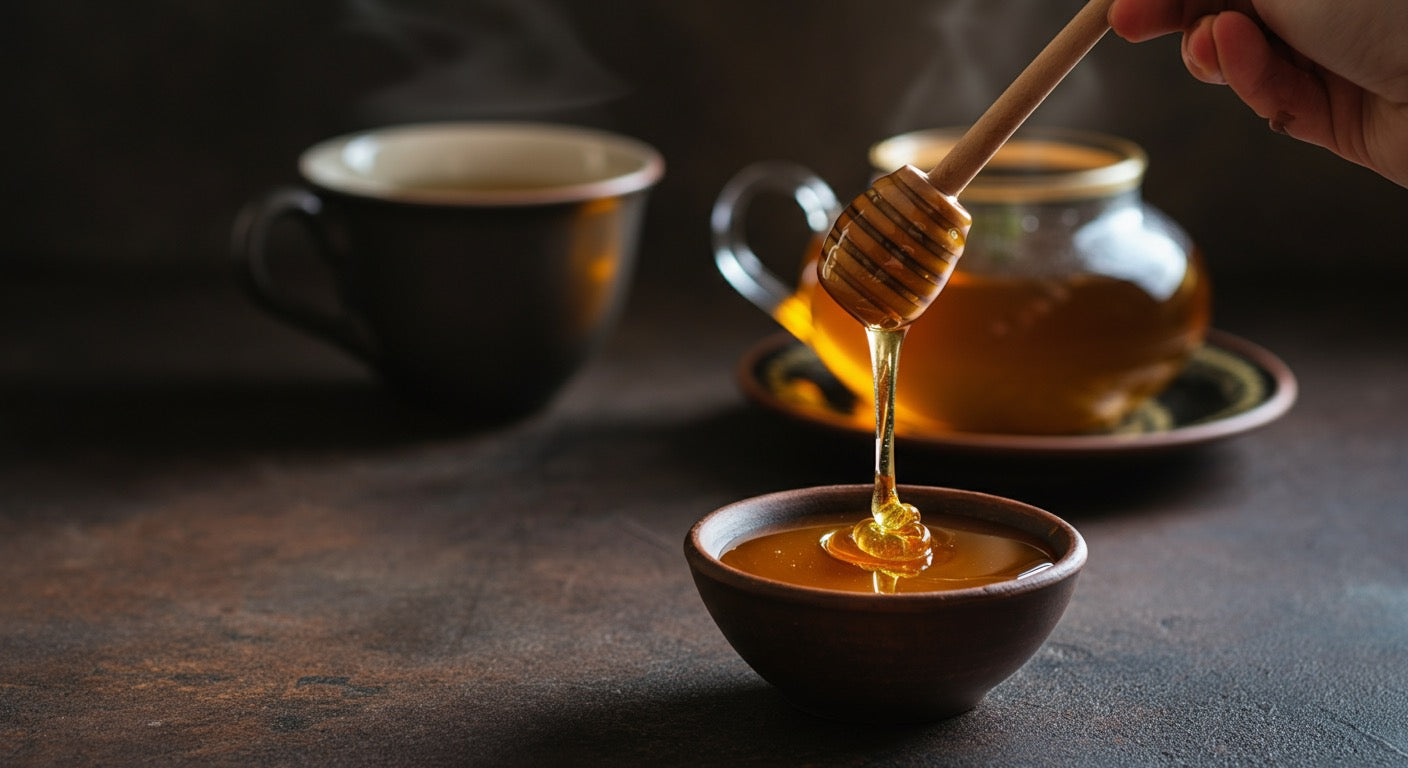 Golden honey drizzled from wooden spoon into bowl with herbal tea in background