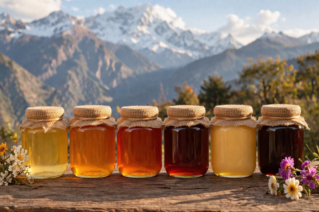 6 varieties of raw Himalayan honey in amber jars with mountain backdrop