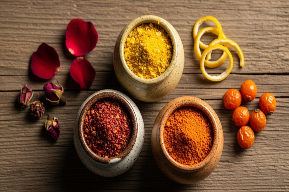 Three jars of Himalayan Pahadi seasonings with their botanicals