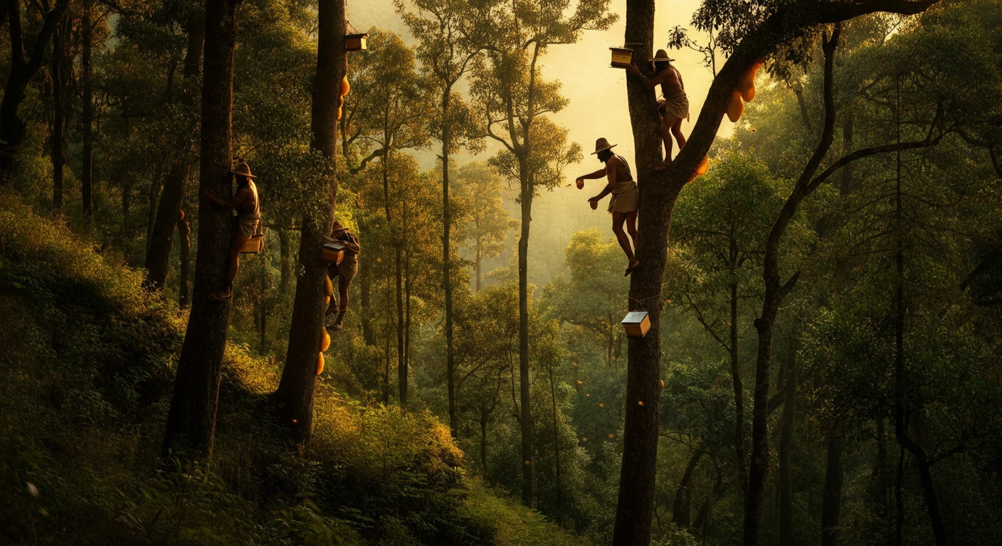 Ancient honey hunters climbing trees in Himalayan foothills to collect wild honey at golden hour