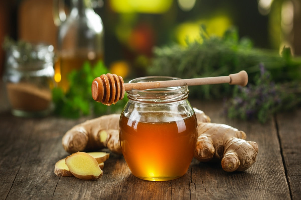 Honey and fresh ginger root on a rustic wooden surface with warm lighting