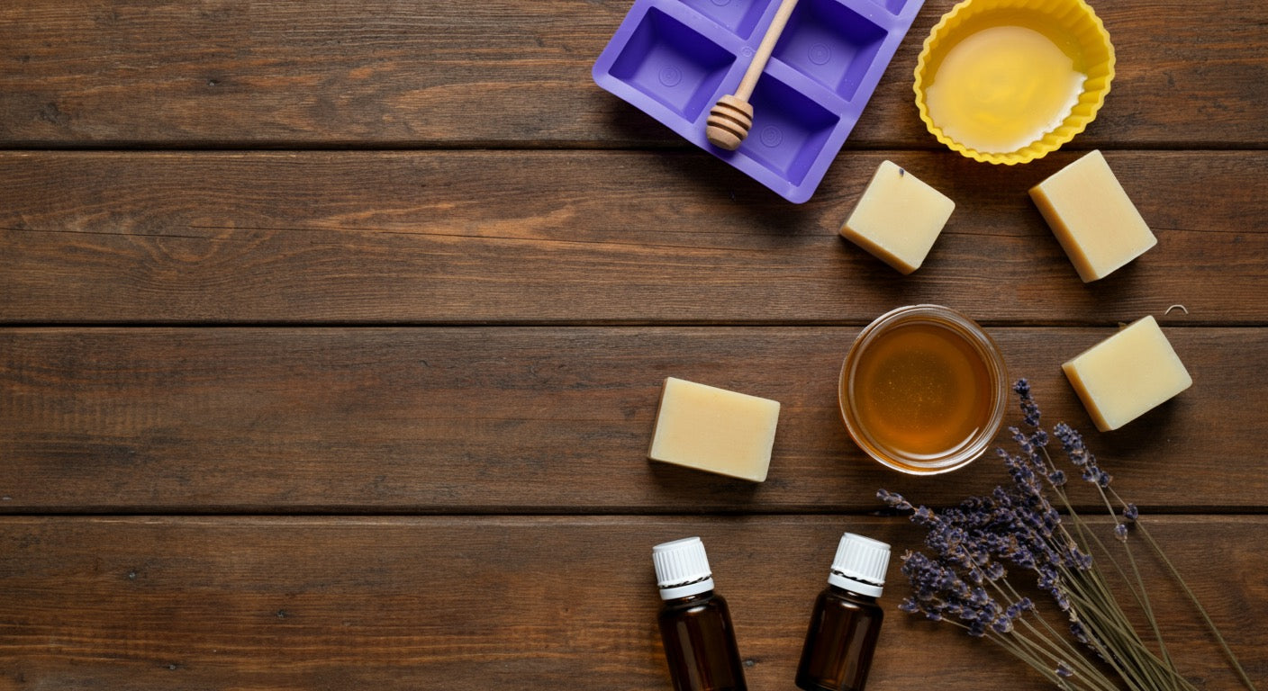Honey soap making supplies on a rustic wooden table with golden honey and natural ingredients