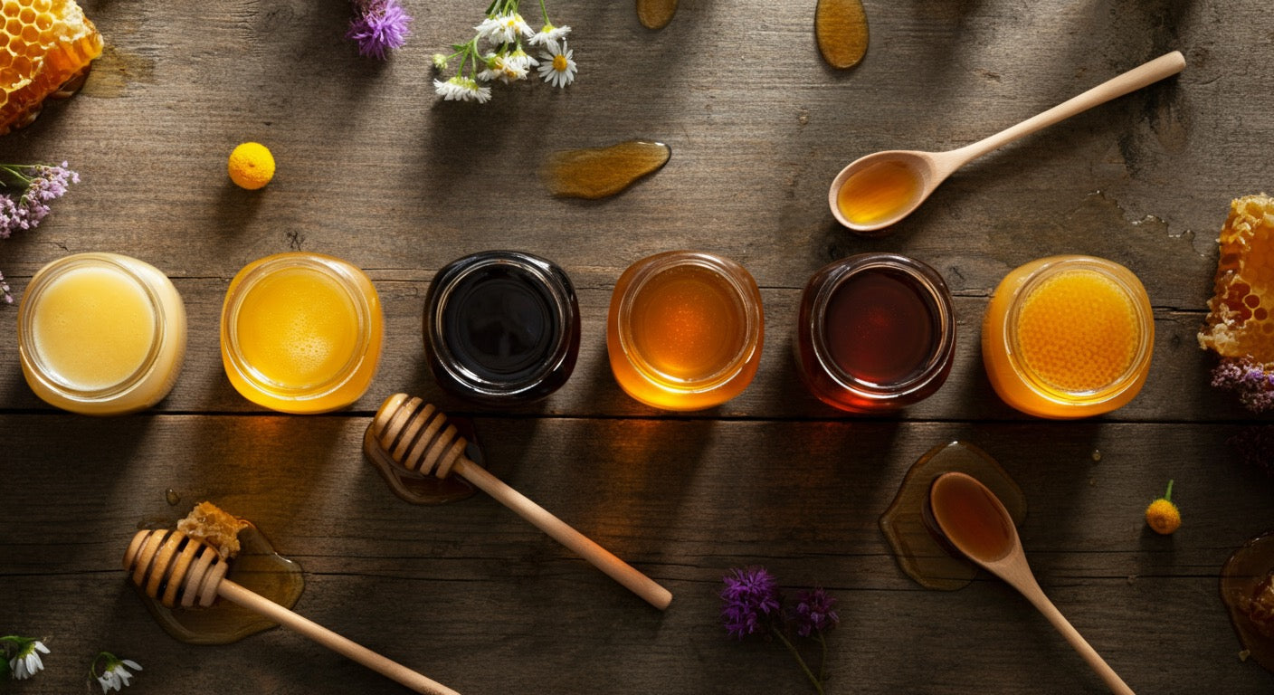 Jars of raw honey in different colors from pale gold to dark amber showing natural variety