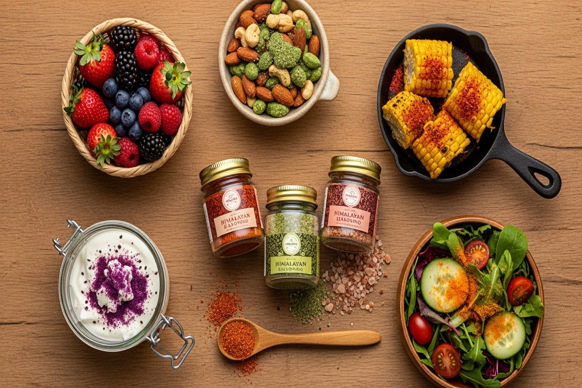 A spread of dishes finished with Pahadi seasonings and the three jars