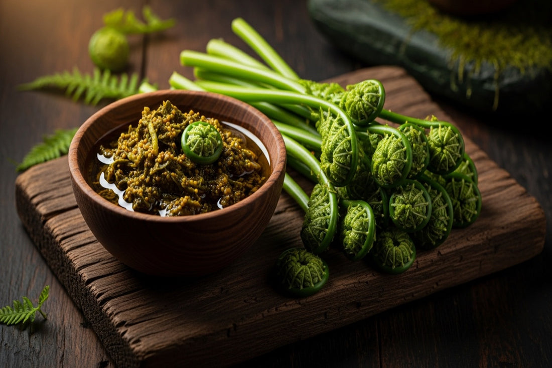 Coiled fiddlehead fern shoots and lingdu ka achar in mustard oil