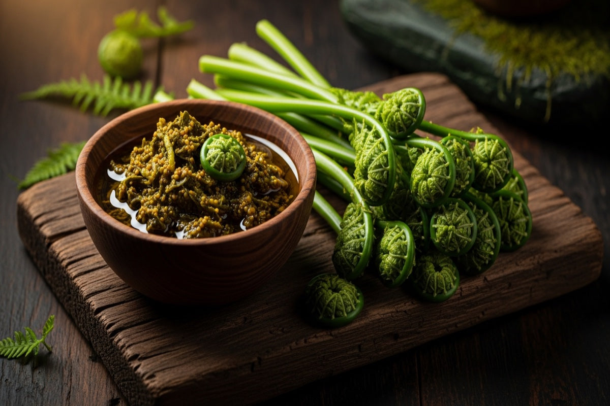 Coiled fiddlehead fern shoots and lingdu ka achar in mustard oil