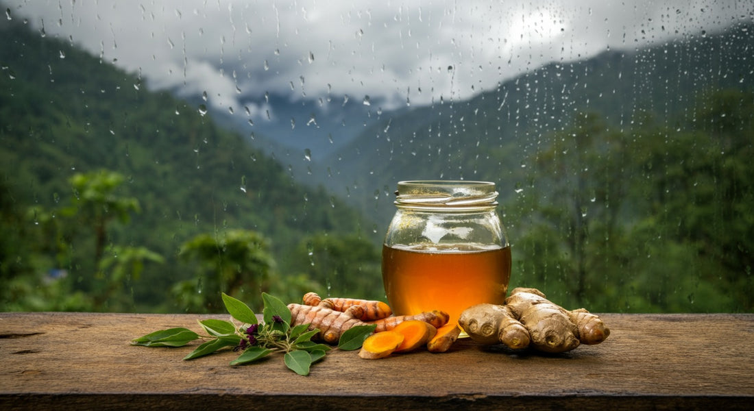 Monsoon wellness with honey - Himalayan mountains with rain clouds and golden honey jar