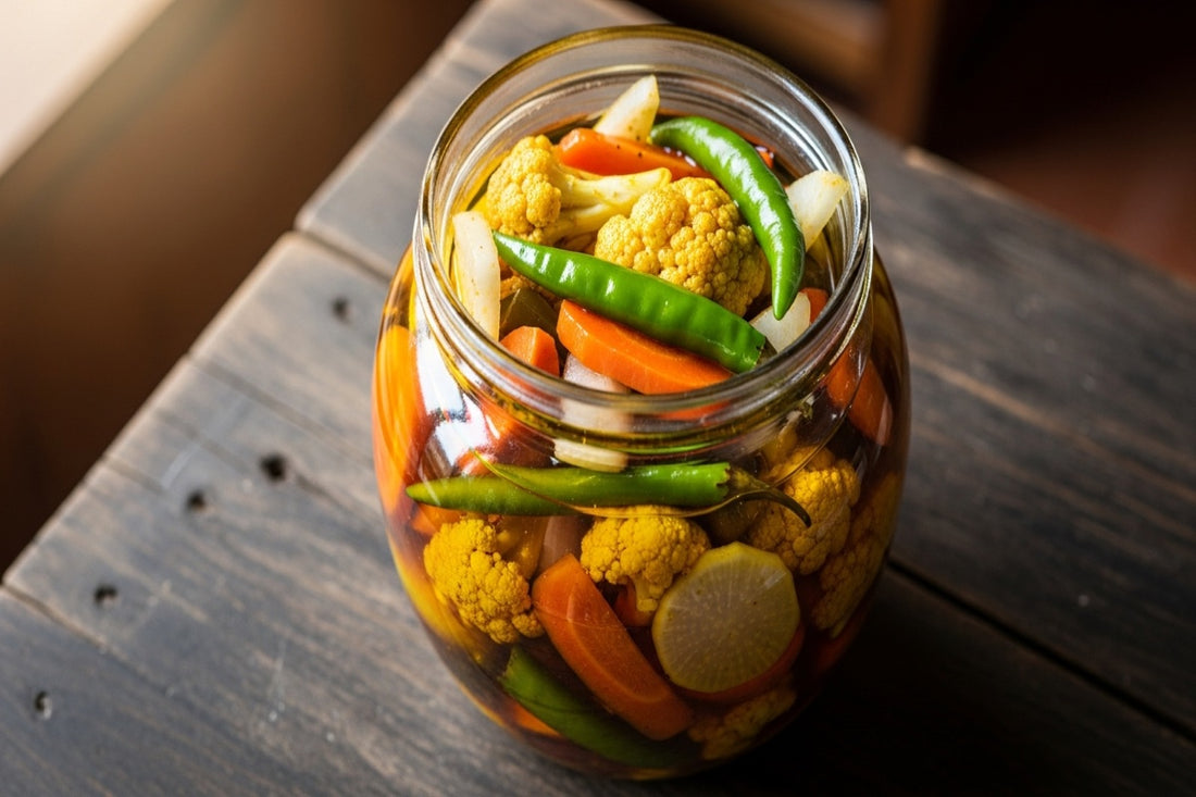 Jar of Pahadi mixed vegetable pickle in mustard oil on a hill kitchen table