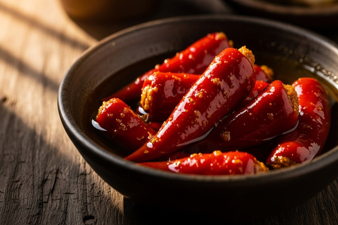 Bowl of Pahadi red chilli pickle (lal mirch ka achar) in mustard oil