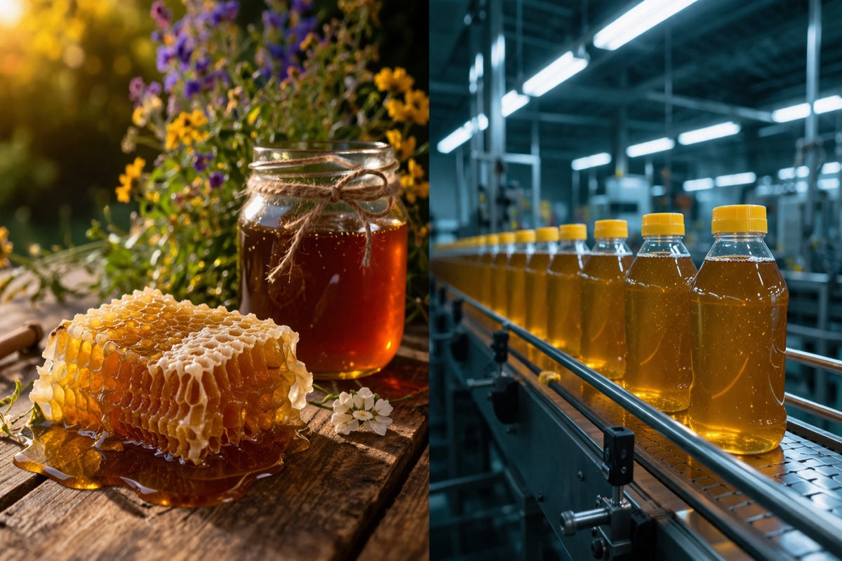 Raw honey vs commercial honey — natural honeycomb versus factory production