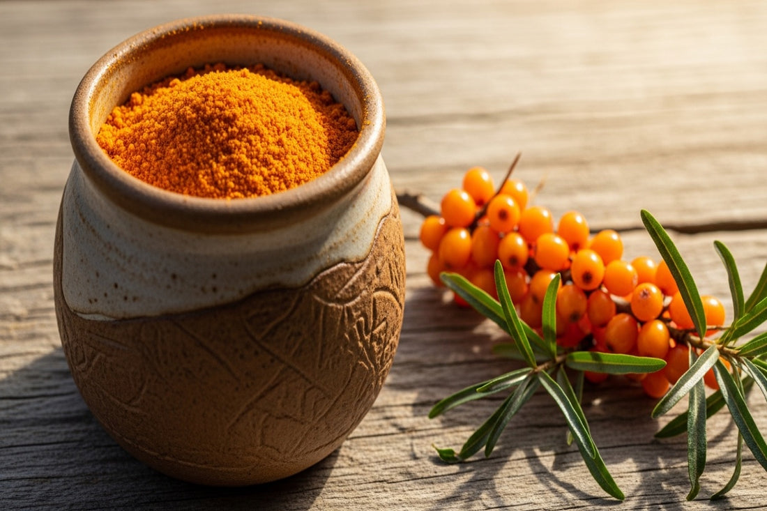 A jar of sea buckthorn seasoning with fresh orange berries