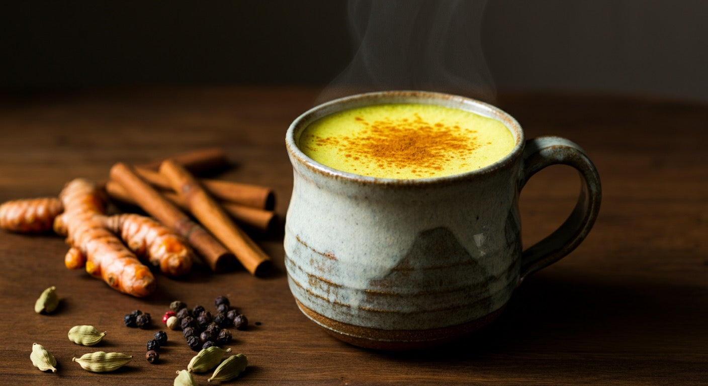 Golden turmeric latte in a ceramic cup with spices