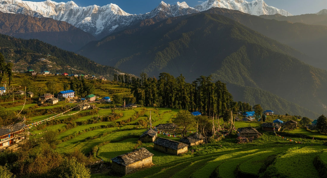 Panoramic view of Uttarakhand Himalayas with terraced farms and Pahadi villages