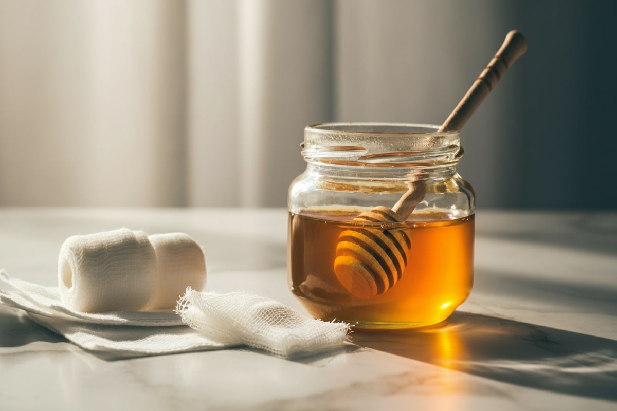 Raw honey jar with medical bandages - honey for wound healing