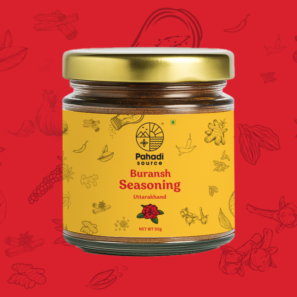 Jar of Pahadi Source Buransh Seasoning on a red background with illustrations.