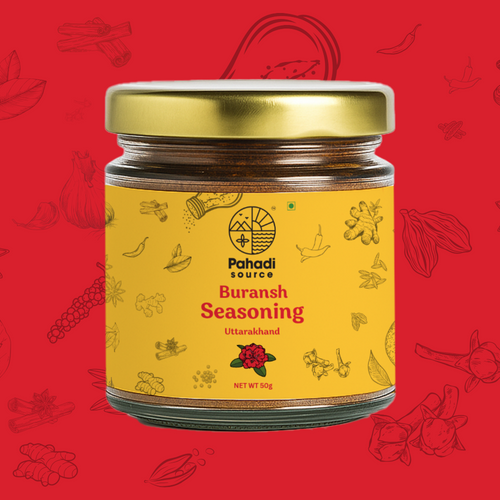 Jar of Pahadi Source Buransh Seasoning on a red background with illustrations.