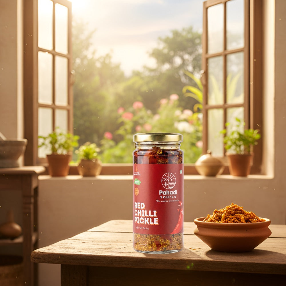 Red Chilli Pickle label detail — handmade in Uttarakhand