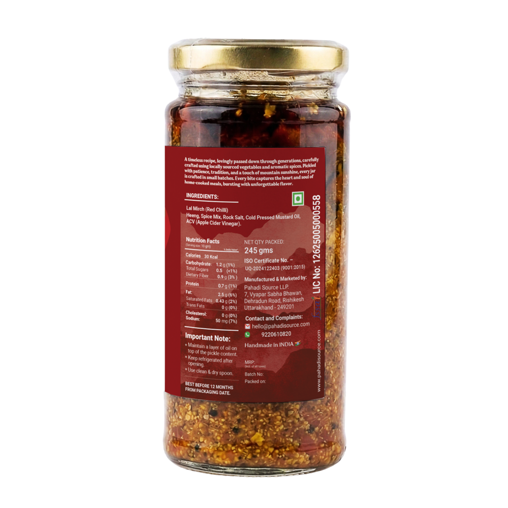 Red Chilli Pickle close-up — traditional Pahadi recipe with mustard oil